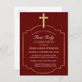 Boys Burgundy Gold Cross 1st Heilige Communie Uitnodiging Briefkaart (Voorkant / Achterkant)
