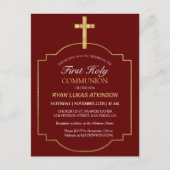 Boys Burgundy Gold Cross 1st Heilige Communie Uitnodiging Briefkaart (Voorkant)