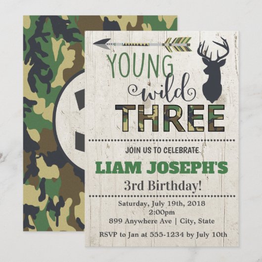Boys Camo Deer 3rd Birthday Invitation Kaart (Voorkant / Achterkant)