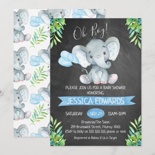Boys Chalkboard Elephant Baby shower Invitation Kaart (Voorkant / Achterkant)