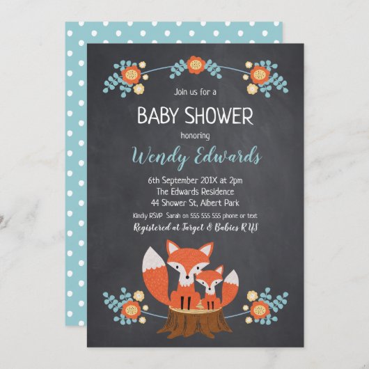 Boys Chalkboard Fox Baby shower Invitation Kaart (Voorkant / Achterkant)