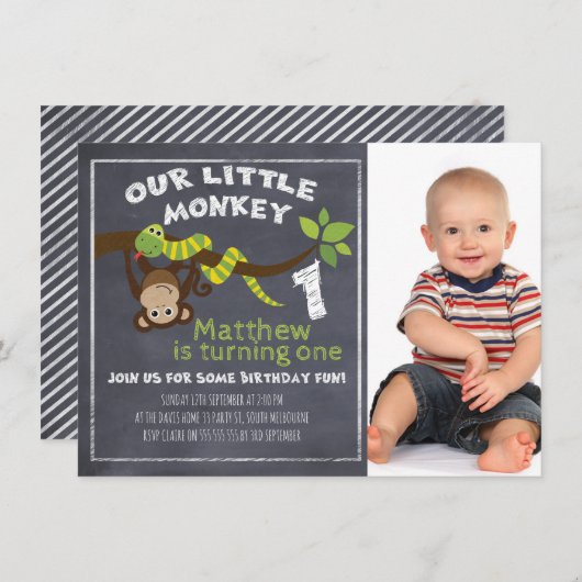 Boys Chalkboard Monkey 1st Birthday Uitnodiging (Voorkant / Achterkant)