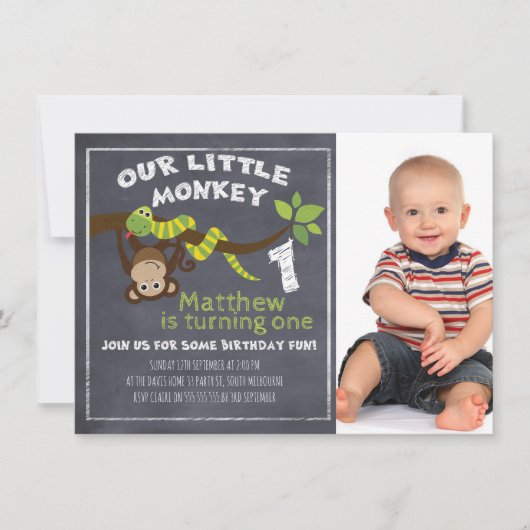 Boys Chalkboard Monkey 1st Birthday Uitnodiging (Voorkant)
