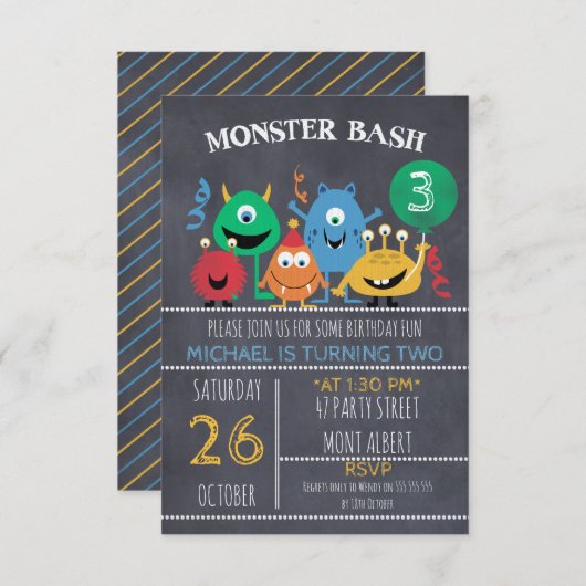 Boys Chalkboard Monster Bash Birthday Uitnodiging (Voorkant / Achterkant)