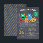 Boys Chalkboard Monster Bash Birthday Uitnodiging<br><div class="desc">De uitnodiging voor het verjaardagsfeestje van deze jongen bevat vijf schattige monsters, een ballon en streamers op een gescande krijtbordachtergrond. Ik wilde een aantal nieuwe krijtbord design creëer omdat ze veel geliefd zijn en ik wilde het aantal thema's dat beschikbaar is in de winkel verhogen. Deze jongen's schoolbord monsters verjaardagsuitnodiging...</div>
