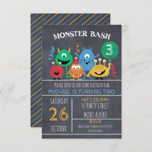 Boys Chalkboard Monster Bash Birthday Uitnodiging