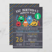 Boys Chalkboard Monsters 1e verjaardag Uitnodiging (Voorkant / Achterkant)