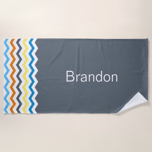 Boys Chevron Gray Blue Oranje Pattern Personalized Strandlaken (Voorkant)