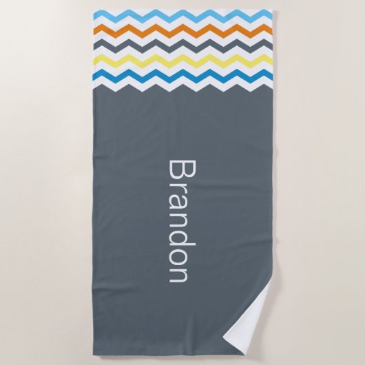 Boys Chevron Gray Blue Oranje Pattern Personalized Strandlaken (Voorkant)