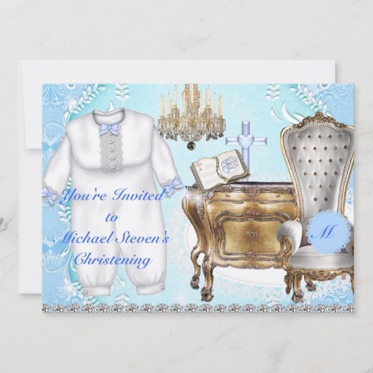 BOYS Christening Invitation DAMASK ONTWERP Kaart (Voorkant)