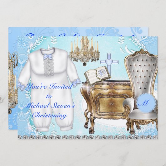  BOYS Christening Invitation DAMASK ONTWERP Kaart (Voorkant / Achterkant)
