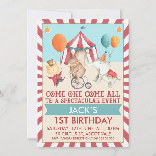 Boys Circus Birthday Party Invitation Kaart (Voorkant)
