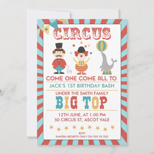 Boys Circus Birthday Party Invitation Kaart (Voorkant)
