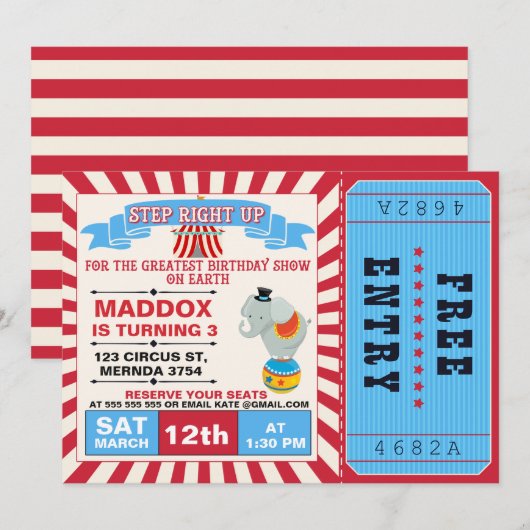 Boys Circus Ticket Birthday Party Invitation Kaart (Voorkant / Achterkant)