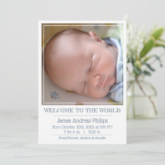 Boys Classic Square Photo Simple Birth Aankondiging (Staand voorkant)