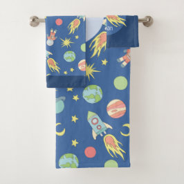 Boys Colorful Rocket Shiket Space Pattern en naam Bad Handdoek