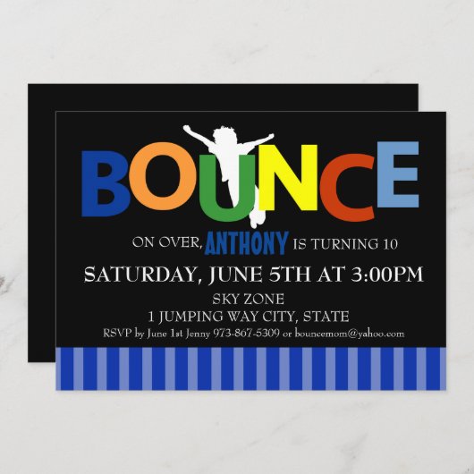 Boys Colorful Trampoline Bounce Party Uitnodiging (Voorkant / Achterkant)
