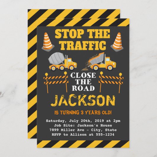 Boys Construction Birthday Party Invitation Kaart (Voorkant / Achterkant)