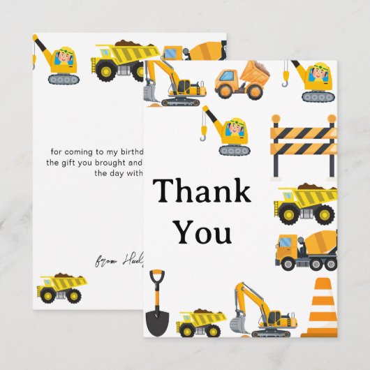 Boys Construction Birthday Party Theme Bedankkaart (Voorkant / Achterkant)
