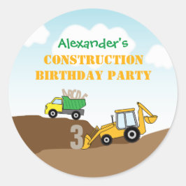 Boy's Construction Digger Dump Truck Verjaardagsfe Ronde Sticker