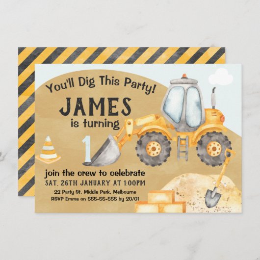 Boys Construction Excavator 1e verjaardag Kaart (Voorkant / Achterkant)