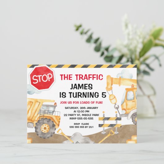 Boys Construction StopThe Traffic Birthday Kaart (Staand voorkant)