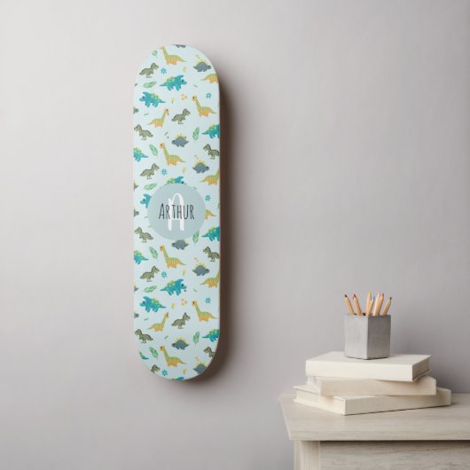 Boys Cool Blue Dinosaur Pattern Kinder Persoonlijk Skateboard (Muurkunst)