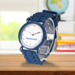 Boys Cool Modern Blue Stijlvolle aangepaste naam K Horloge<br><div class="desc">Custom,  Kinder,  Naam,  staalblauw lederen jongens horloge. Personaliseer het met de naam van uw kind.</div>