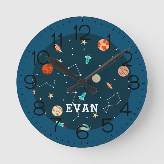 Boys Cool Outer Space Planets Rockets Personalized Ronde Klok (Voorkant)