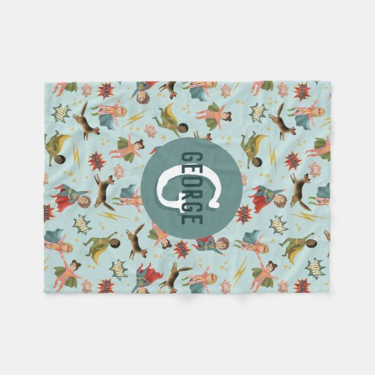 Boys Cool Superhero Pattern Monogram Naam Kinder Fleece Deken (Voorkant (Horizontaal))