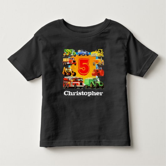 Boy's Custom Naam Bouwwagen 5e Verjaardag Kinder Shirts (Voorkant)