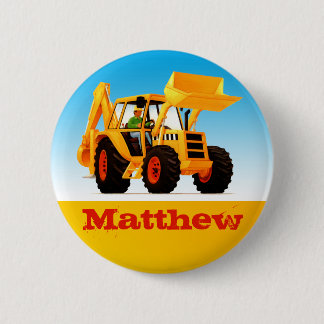Boys Custom Name Construction Yellow Digger Ronde Button 5,7 Cm