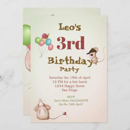 Boys Cute Age Mouse Ladybug Balloons Birthday Kaart (Voorkant / Achterkant)