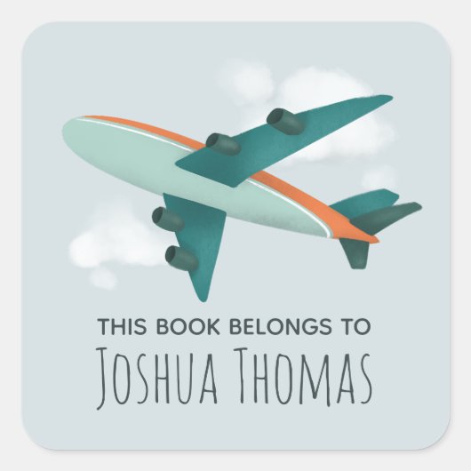 Boys Cute Airplane Travel Kinder School Bookplate Vierkante Sticker (Voorkant)