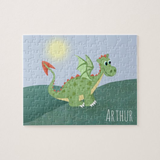 Boys Cute and Magical Green Dragon and Name Legpuzzel (Horizontaal)