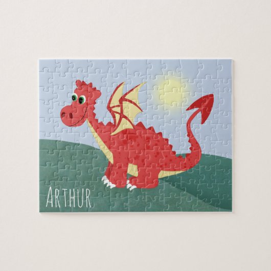 Boys Cute and Magical Red Welsh Dragon and Name Legpuzzel (Horizontaal)
