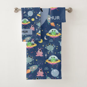 Boys Cute and Modern Space Alien Pattern Name Kind Bad Handdoek