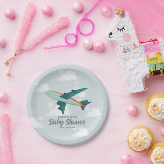 Boys Cute Blue Airplane Travel Baby shower Papieren Bordje (Feest)