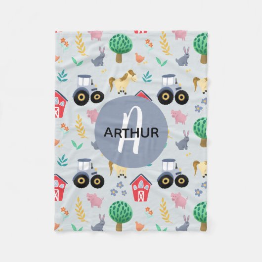 Boys Cute Blue Boerderij Animal Tractor Pattern Ki Fleece Deken (Voorkant)
