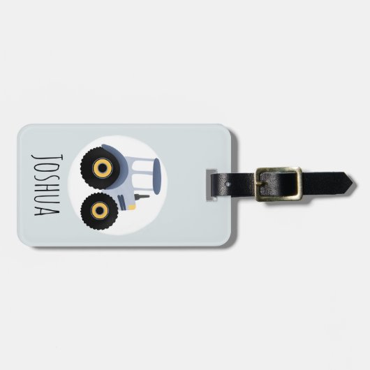 Boys Cute Blue Boerderij Tractor Cartoon en naam K Bagagelabel (Voorkant horizontaal)