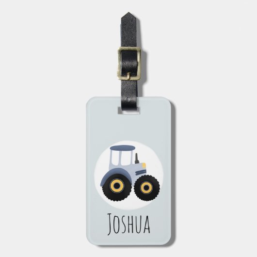 Boys Cute Blue Boerderij Tractor Cartoon en naam K Bagagelabel (Voorkant verticaal)
