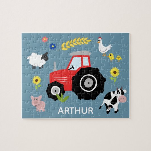 Boys Cute Blue Boerderij Tractor en Name Kinder Legpuzzel (Horizontaal)
