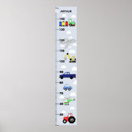 Boys Cute Blue Car Tractor Transport Growth Chart Poster