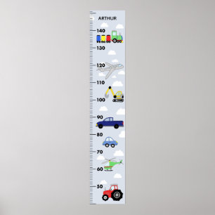 Boys Cute Blue Car Tractor Transport Growth Chart Poster