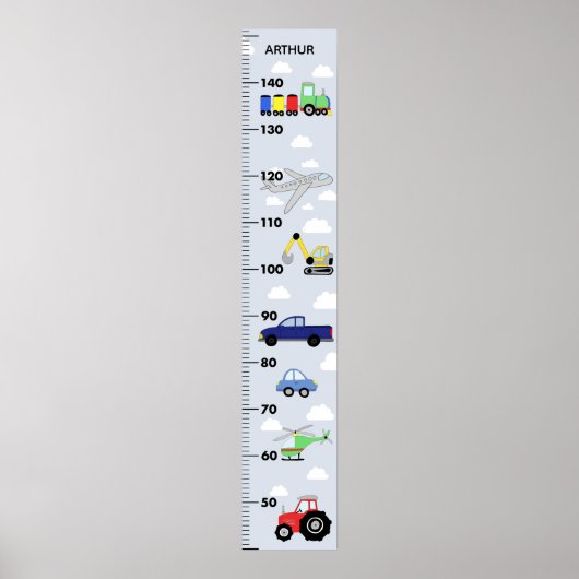 Boys Cute Blue Car Tractor Transport Growth Chart Poster (Voorkant)