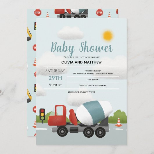 Boys Cute Blue Construction Transport Baby shower Kaart (Voorkant / Achterkant)
