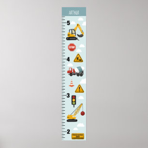 Boys Cute Blue Construction Transport Growth Chart Poster