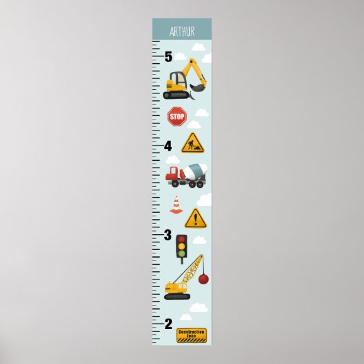 Boys Cute Blue Construction Transport Growth Chart Poster (Voorkant)