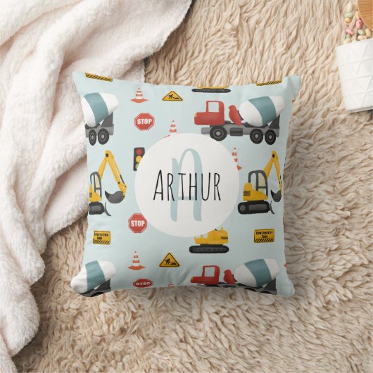 Boys Cute Blue Construction Transport & Name Kinde Kussen (Deken)
