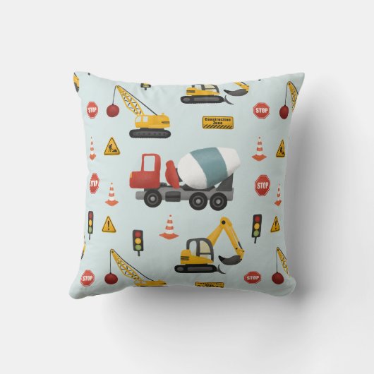 Boys Cute Blue Construction Transport & Name Kinde Kussen (Achterkant)